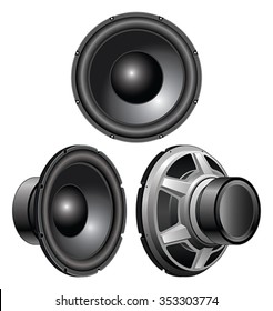 Speaker is an illustration of a speaker from a front view, three-quarter view and rear three-quarter view.