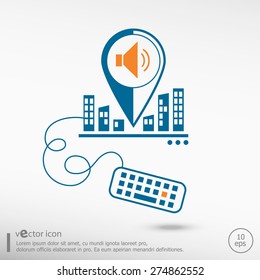 Speaker and keyboard. Line icons for application development, web page coding and programming, creative process.