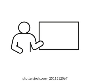 Speaker leads lesson training at blackboard. Teacher, orator speech information with presentation. Line vector illustration