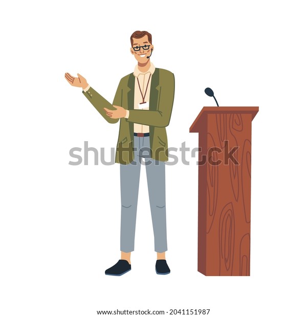 Speaker lecturer pointing on something isolated\
flat cartoon character. Vector teacher professor or businessman,\
wooden lectern with microphone, presentation on conference,\
education seminar