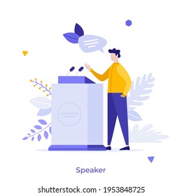 Speaker or lecturer standing at lectern with microphone and speaking. Concept of public speech at conference, lecture, academic talk, business presentation. Modern flat vector illustration for banner.