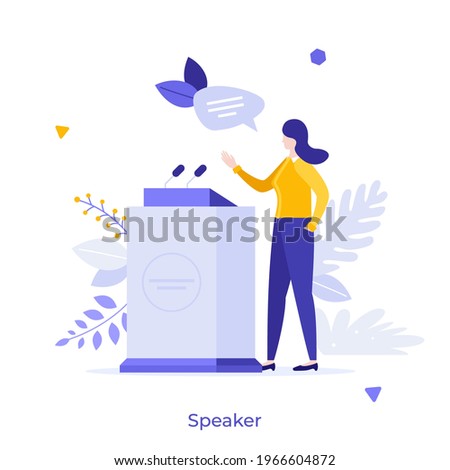 Speaker or lecturer standing at lectern with microphone and speaking. Concept of public speech at conference, lecture, academic talk, business presentation. Modern flat vector illustration for banner.