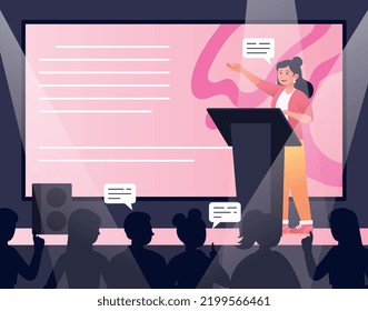 Speaker lecturing concept. Young girl speaks to audience, lecturer on stage, presentation of goods and services. Public speaking, charismatic woman, teacher. Cartoon flat vector illustration