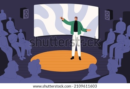 Speaker lecturing on stage at conference. Man during public speech and presentation in front of audience. Presenter speaks to people. Lecturer in spotlight at education event. Flat vector illustration