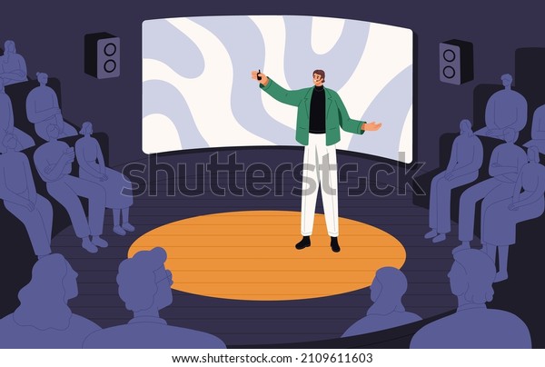 Speaker lecturing on stage at conference.
Man during public speech and presentation in front of audience.
Presenter speaks to people. Lecturer in spotlight at education
event. Flat vector
illustration