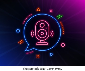 Speaker line icon. Neon laser lights. Computer component sign. Sound symbol. Glow laser speech bubble. Neon lights chat bubble. Banner badge with speaker icon. Vector