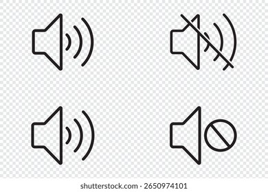 Speaker line style icon. Sound volume icons set with different signal levels on transparent background. Sound icon, volume symbol, speaker sign, audio control icon set. Editable Stroke designs.