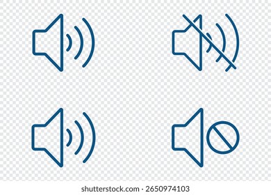 Speaker line style icon. Sound volume icons set with different signal levels on transparent background. Sound icon, volume symbol, speaker sign, audio control icon set. Editable Stroke designs.