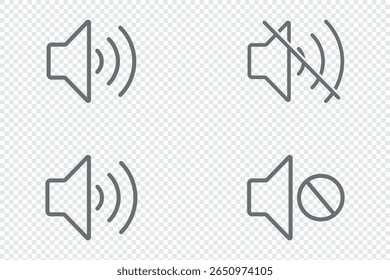 Speaker line style icon. Sound volume icons set with different signal levels on transparent background. Sound icon, volume symbol, speaker sign, audio control icon set. Editable Stroke designs.