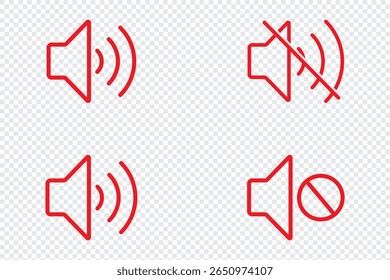 Speaker line style icon. Sound volume icons set with different signal levels on transparent background. Sound icon, volume symbol, speaker sign, audio control icon set. Editable Stroke designs.