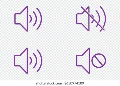 Speaker line style icon. Sound volume icons set with different signal levels on transparent background. Sound icon, volume symbol, speaker sign, audio control icon set. Editable Stroke designs.