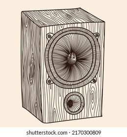 Speaker for listening to audio recordings and music for the amplifier. Linear sketch isolated on a beige background.