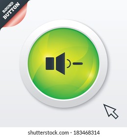 Speaker low volume sign icon. Sound symbol. Green shiny button. Modern UI website button with mouse cursor pointer. Vector