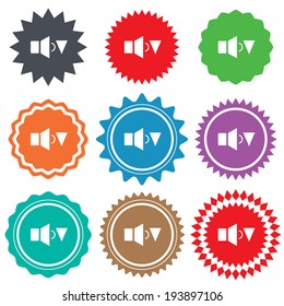 Speaker low volume sign icon. Sound symbol. Stars stickers. Certificate emblem labels. Vector