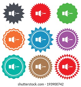 Speaker low volume sign icon. Sound symbol. Stars stickers. Certificate emblem labels. Vector