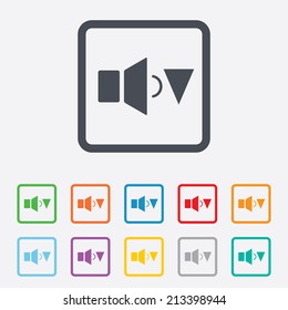 Speaker low volume sign icon. Sound symbol. Round squares buttons with frame. Vector