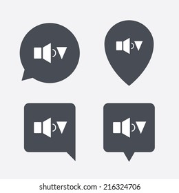 Speaker low volume sign icon. Sound symbol. Map pointers information buttons. Speech bubbles with icons. Vector