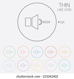 Speaker low volume sign icon. Sound symbol. Thin line circle web icons with outline. Vector