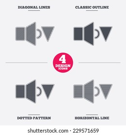 Speaker low volume sign icon. Sound symbol. Diagonal and horizontal lines, classic outline, dotted texture. Pattern design icons.  Vector