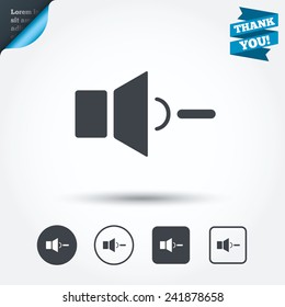 Speaker low volume sign icon. Sound symbol. Circle and square buttons. Flat design set. Thank you ribbon. Vector