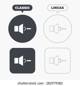 Speaker low volume sign icon. Sound symbol. Classic and line web buttons. Circles and squares. Vector