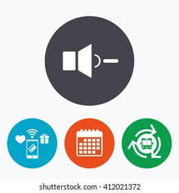 Speaker low volume sign icon. Sound symbol. Mobile payments, calendar and wifi icons. Bus shuttle.