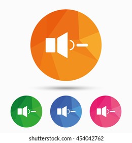 Speaker low volume sign icon. Sound symbol. Triangular low poly button with flat icon. Vector