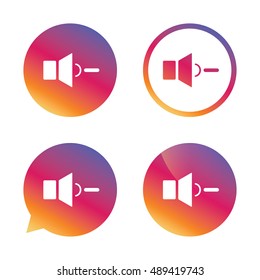 Speaker low volume sign icon. Sound symbol. Gradient buttons with flat icon. Speech bubble sign. Vector