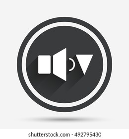 Speaker low volume sign icon. Sound symbol. Circle flat button with shadow and border. Vector