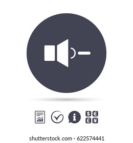 Speaker low volume sign icon. Sound symbol. Report document, information and check tick icons. Currency exchange. Vector