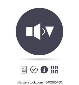Speaker low volume sign icon. Sound symbol. Report document, information and check tick icons. Currency exchange. Vector