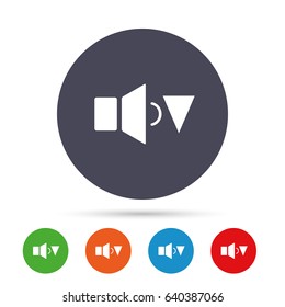 Speaker low volume sign icon. Sound symbol. Round colourful buttons with flat icons. Vector