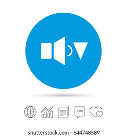 Speaker low volume sign icon. Sound symbol. Copy files, chat speech bubble and chart web icons. Vector