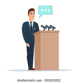 El orador hace un informe al público. Orador detrás de un podio con micrófonos. Presentación y performance ante un público. Ilustración vectorial aislada sobre fondo blanco en estilo plano.