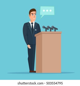 Speaker makes a report to the public. Orator stands behind a podium with microphones. Presentation performance before audience. Vector creative color illustrations flat design in flat modern style.