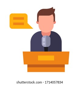 der Redner hält eine Rede hinter dem Podium. Flache Vektorillustration mit Zeichen.