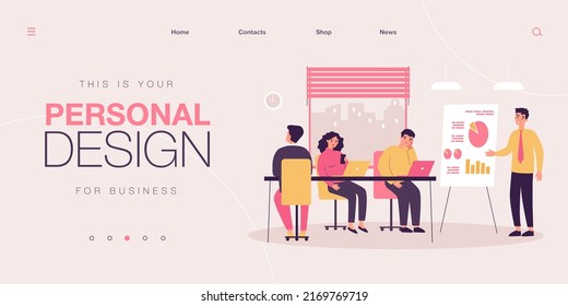 Speaker making boring presentation in office. Male manager character giving lecture with whiteboard to tiresome audience. Cartoon vector illustration. Meeting, training, team concept