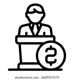 Speaker man with coin line icon, financial advice concept. Vector graphics. Podium with banker sign on white background, style mobile or design