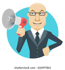 Speaker. Man holding a megaphone. Cartoon vector illustration.