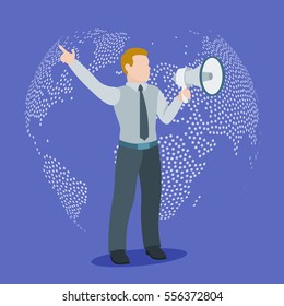 Speaker. A man with a loudspeaker on a background of the globe. The report of the information. Vector illustration in a flat style.