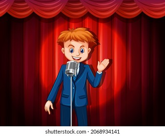 Speaker man with microphone on stage illustration