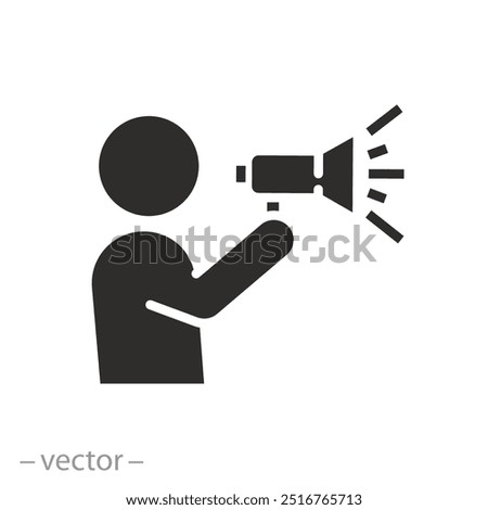 speaker man with news, icon, public advocacy through megaphone, announce in loudspeaker, loud voice warning, flat vector illustration