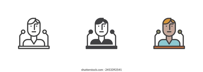 El hombre que habla en el juego de iconos del estilo diferente de la tribuna. Línea, glifo y contorno relleno versión colorida, contorno y Vector relleno signo. Símbolo de discurso público, ilustración del logotipo. Vector gráfico