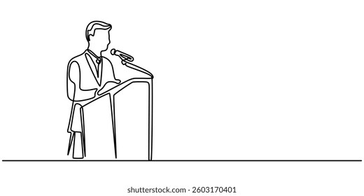 Speaker man speech behind tribune on conference, continuous one line drawing. Orator on podium by leader, businessman, teacher talking. Vector single outline illustration, character politics of style.