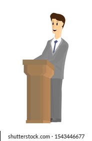 speaker. man stands behind the podium. flat design isolated on white. vector image