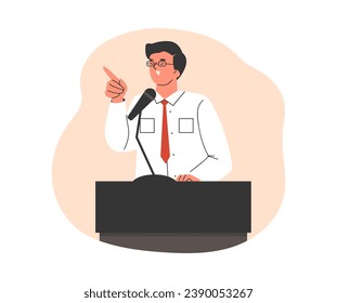 Speaker man stands on the podium and makes a speech in microphone. Cartoon presenter, professional orator, coach seminar. Flat style vector motivational lecture illustration isolated on white