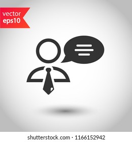 Speaker man vector icon. Podium speech sign. Conference presentation speech icon. Tribune orator speech sign. Audience spokesman symbol. EPS 10 flat symbol.