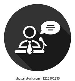 Speaker man vector icon. Podium speech sign. Conference presentation speech icon. Tribune orator speech sign. Audience spokesman symbol. EPS 10 flat symbol. Round icon with shadow