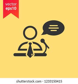 Speaker man vector icon. Podium speech sign. Conference presentation speech icon. Tribune orator speech sign. Audience spokesman symbol. EPS 10 flat symbol.