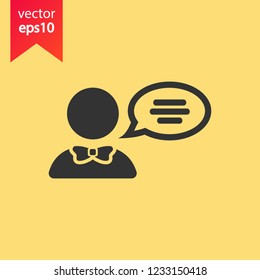 Speaker man vector icon. Podium speech sign. Conference presentation speech icon. Tribune orator speech sign. Audience spokesman symbol. EPS 10 flat symbol.